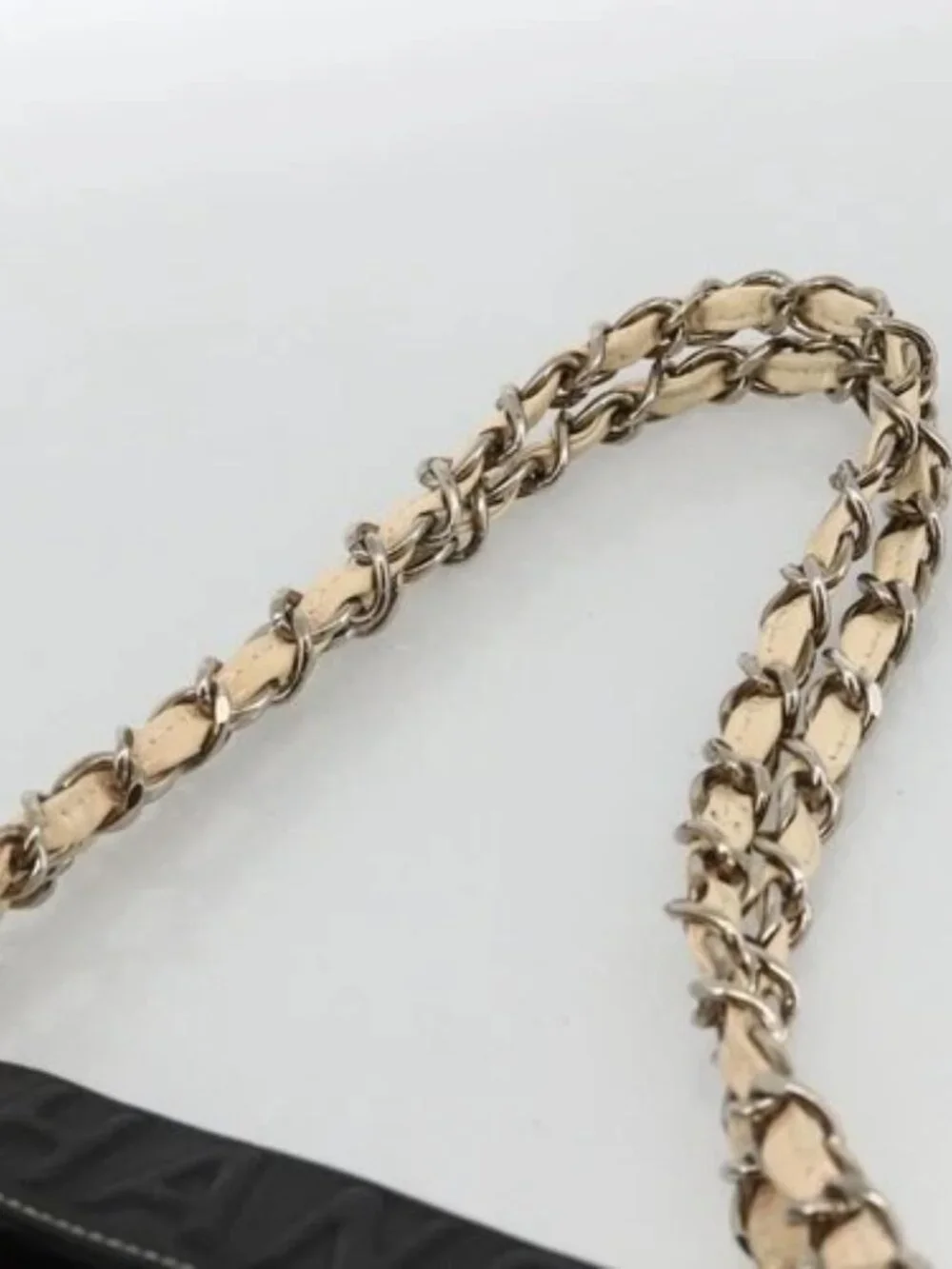 CHANEL Choco Bar Chain Shoulder Bag Patent Leather Beige Silver CC Auth BA11764A